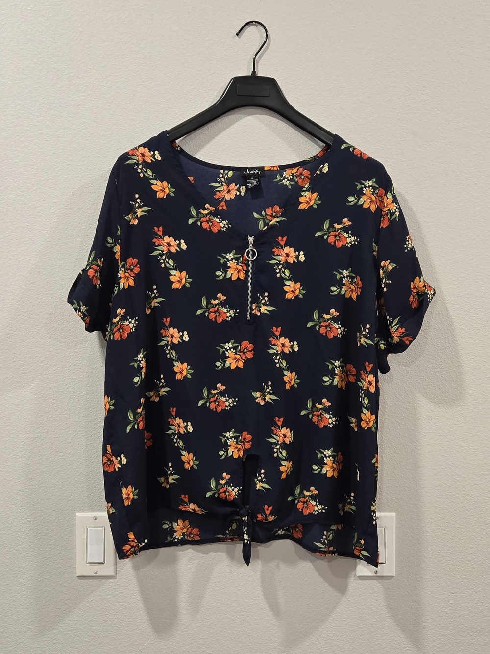 Justify Navy Orange Floral Short-Sleeve Zip Top